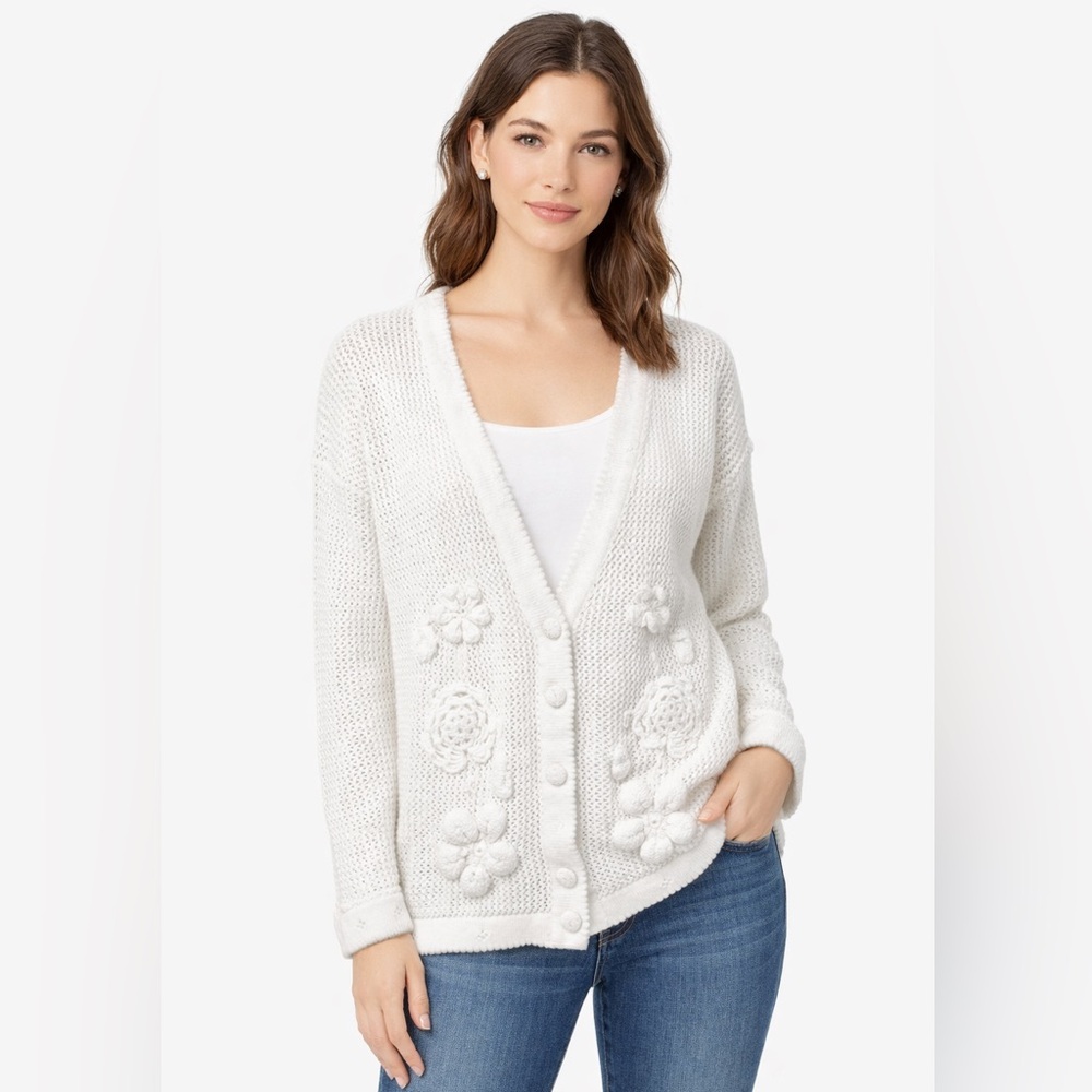 Express Tricot vintage white Floral Cardigan‎ Sweater L